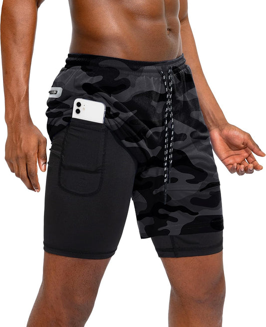 Men'S 2 in 1 Workout Running Shorts with Phone Pocket Quick Dry Athletic Gym Shorts for Men with Zippered Pocket