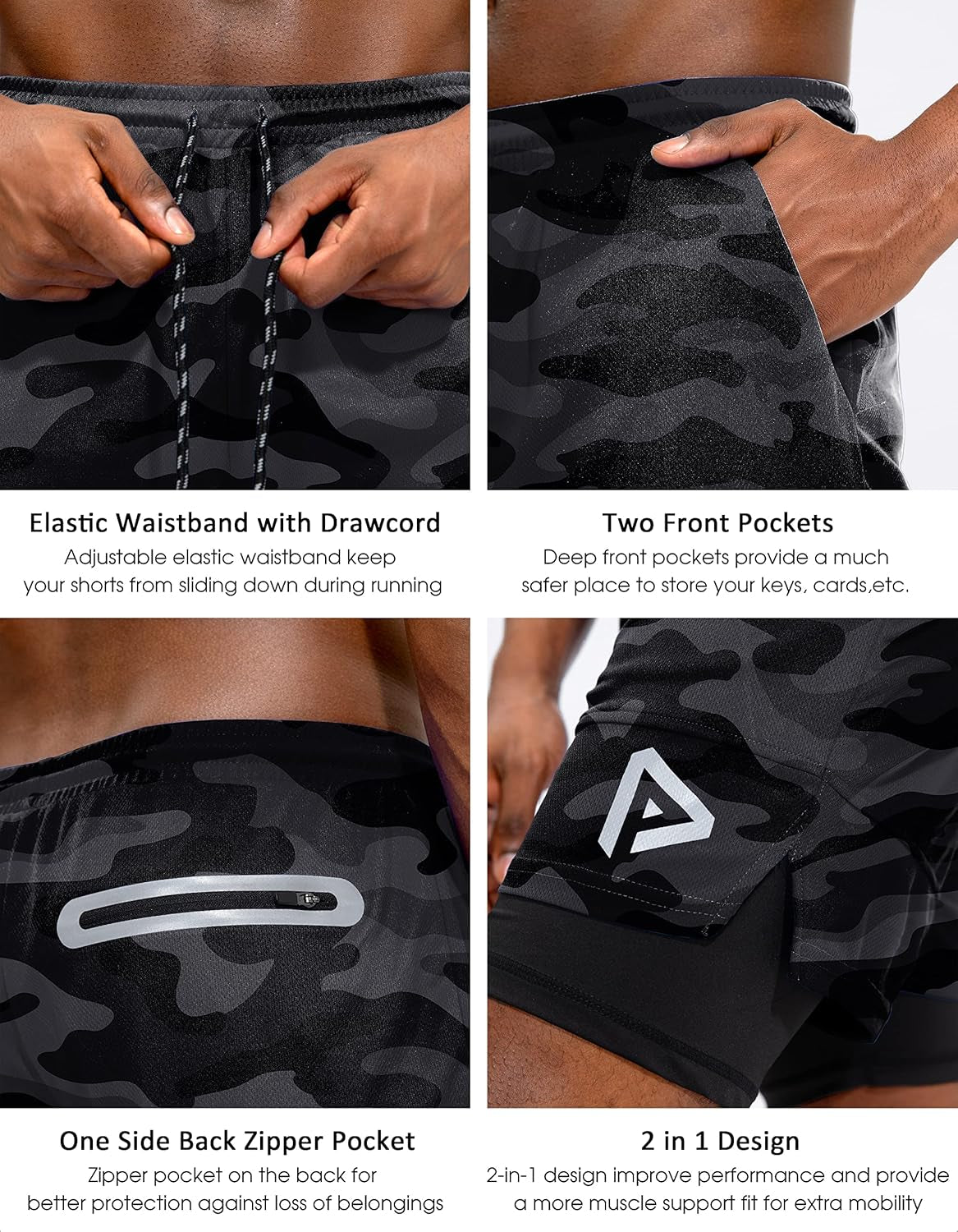 Men'S 2 in 1 Workout Running Shorts with Phone Pocket Quick Dry Athletic Gym Shorts for Men with Zippered Pocket